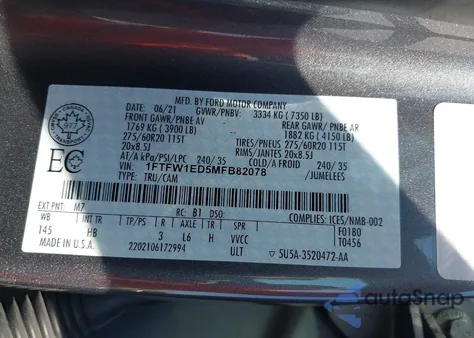 2021 Ford F150 Supercrew z USA, uszkodzony, nr VIN 1FTFW1ED5MFB82078